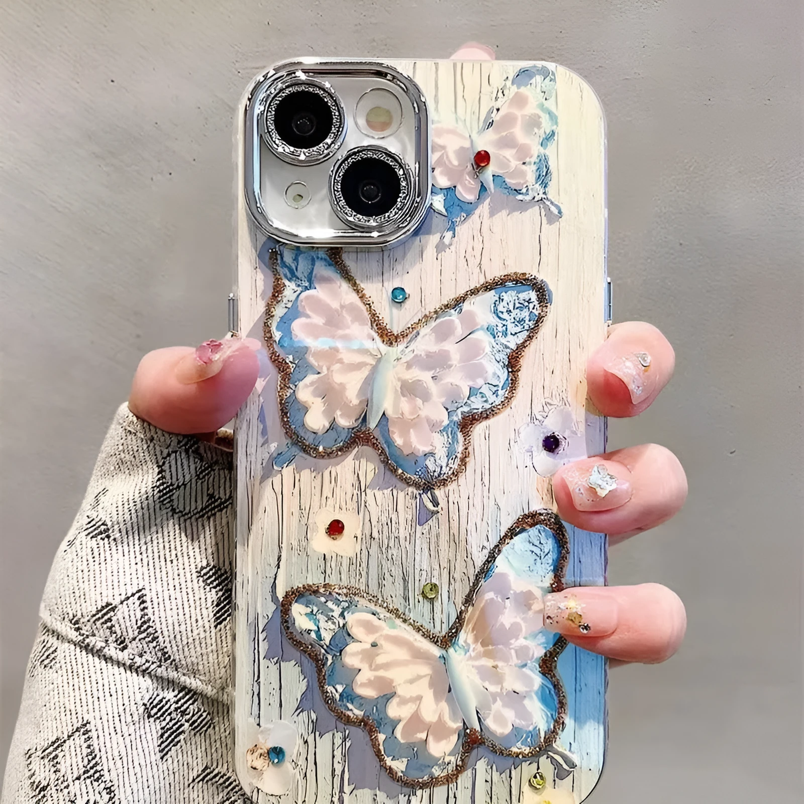 Pink plastic phone case with colour oil painting butterfly print for iPhone 11-15 series