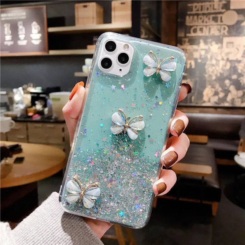 Butterfly starry sky glitter TPU phone case for iPhone, transparent back cover with drop protection