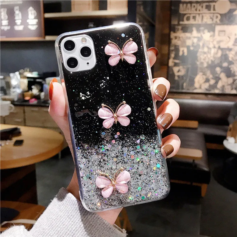 Butterfly starry sky glitter TPU phone case for iPhone, transparent back cover with drop protection