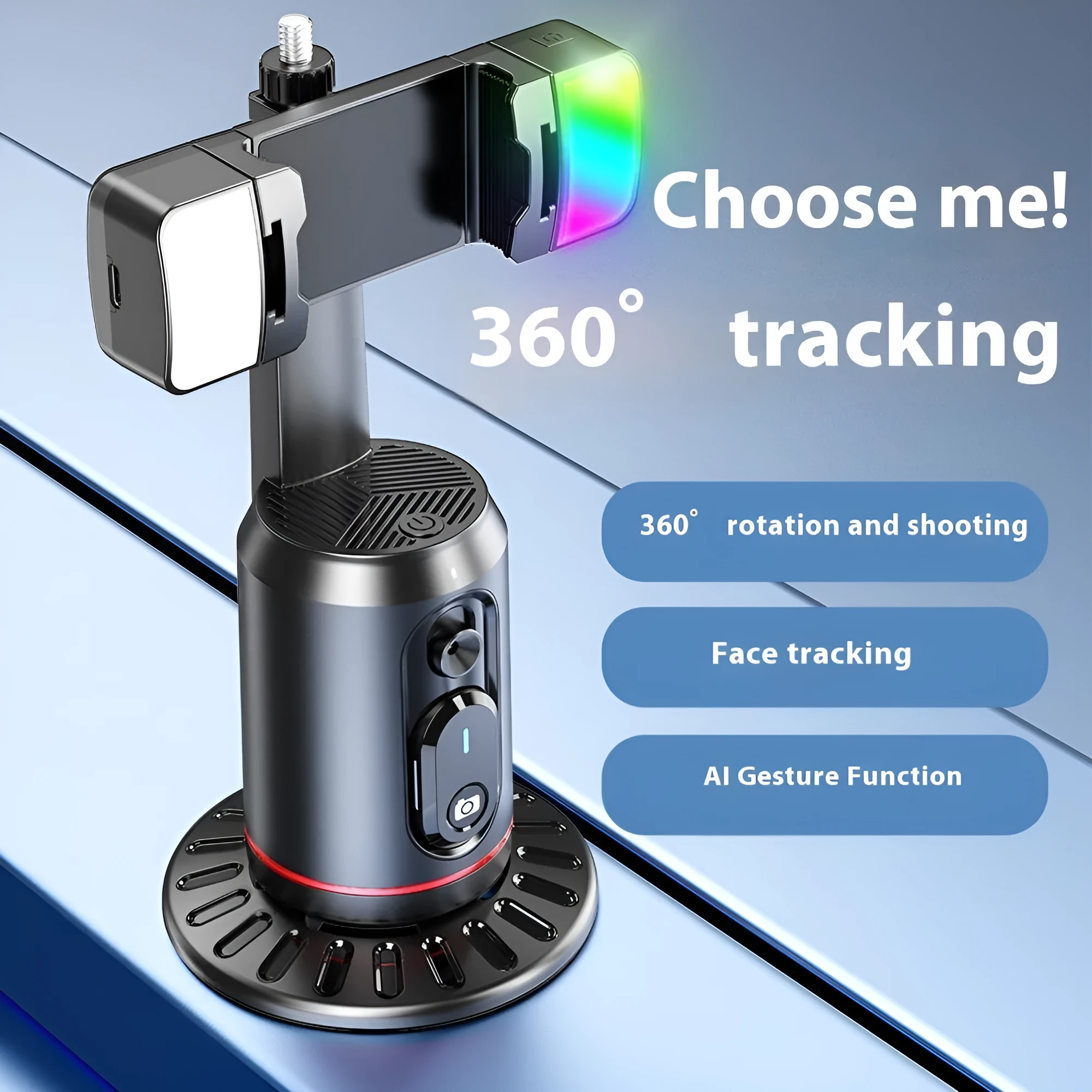 Smart AI face recognition selfie holder with 360 rotation and Bluetooth remote for mobile live streaming