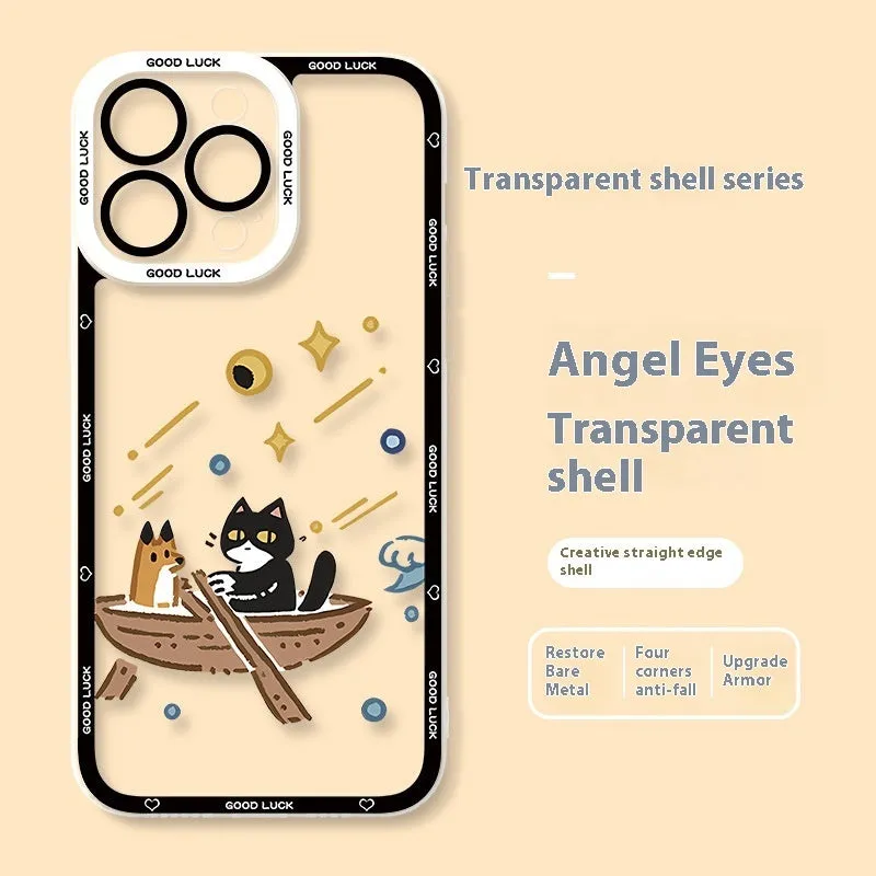 Drop-resistant silicone cat phone case with UV printed cartoon design for Apple iPhone transparent back