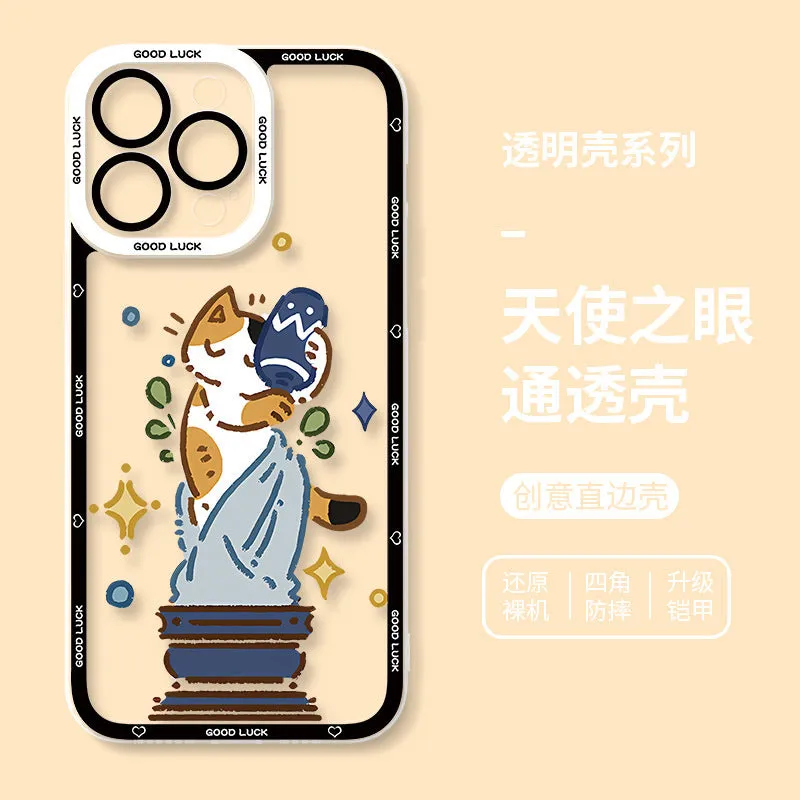 Drop-resistant silicone cat phone case with UV printed cartoon design for Apple iPhone transparent back
