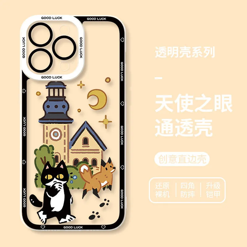 Drop-resistant silicone cat phone case with UV printed cartoon design for Apple iPhone transparent back