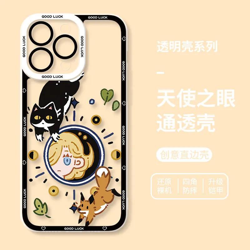 Drop-resistant silicone cat phone case with UV printed cartoon design for Apple iPhone transparent back