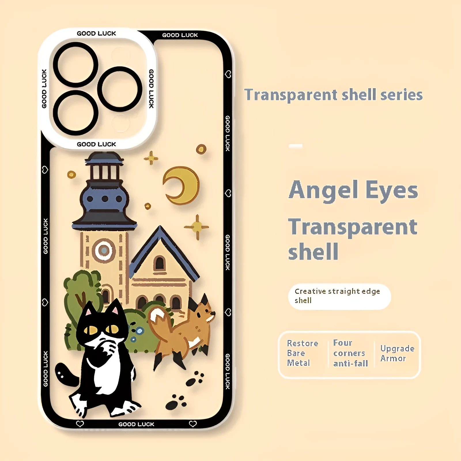 Drop-resistant silicone cat phone case with UV printed cartoon design for Apple iPhone transparent back