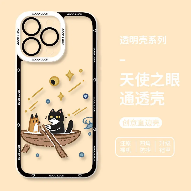 Drop-resistant silicone cat phone case with UV printed cartoon design for Apple iPhone transparent back