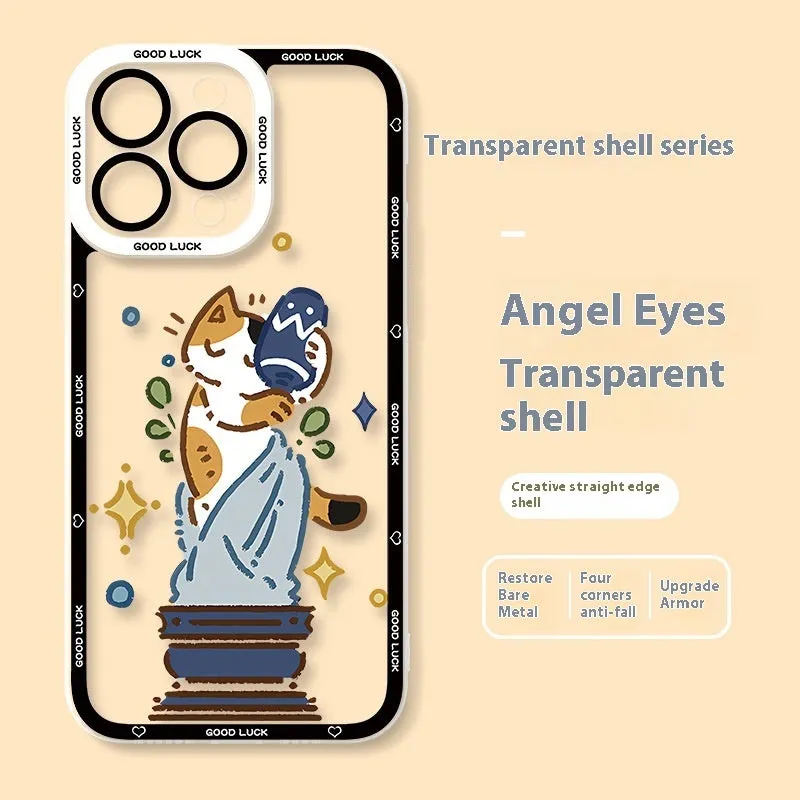Drop-resistant silicone cat phone case with UV printed cartoon design for Apple iPhone transparent back