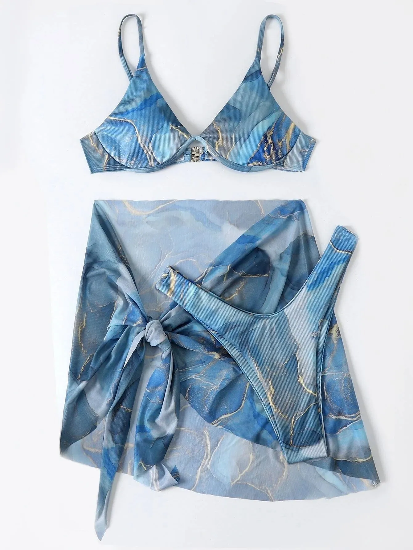 Marble print 3-piece bikini swimwear set showing bra, skirt, and panties in six colour options