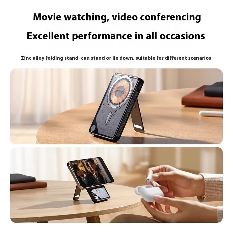 Magnetic power bank with transparent bracket and built-in cable in Mysterious Black, alloy shell