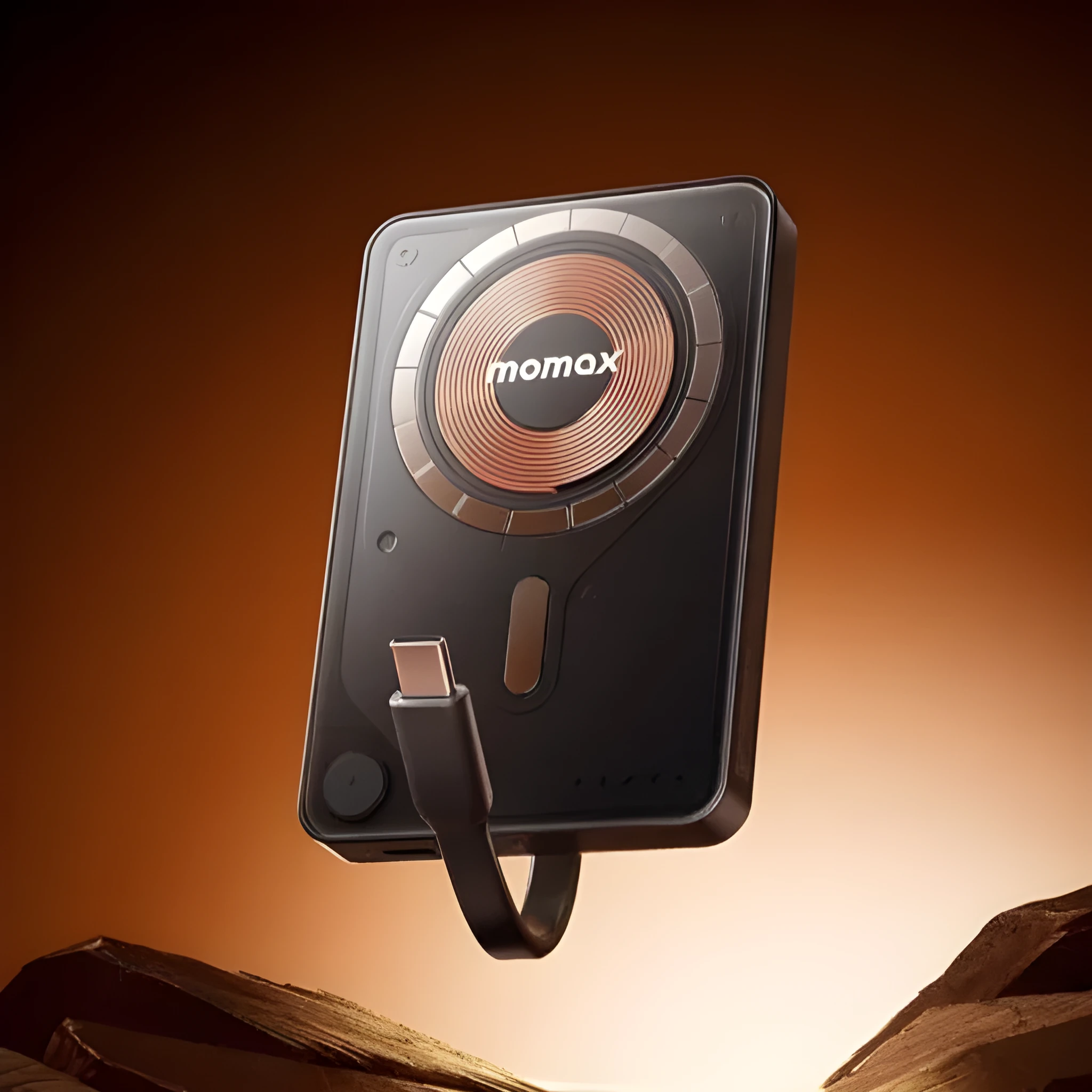 Magnetic power bank with transparent bracket and built-in cable in Mysterious Black, alloy shell
