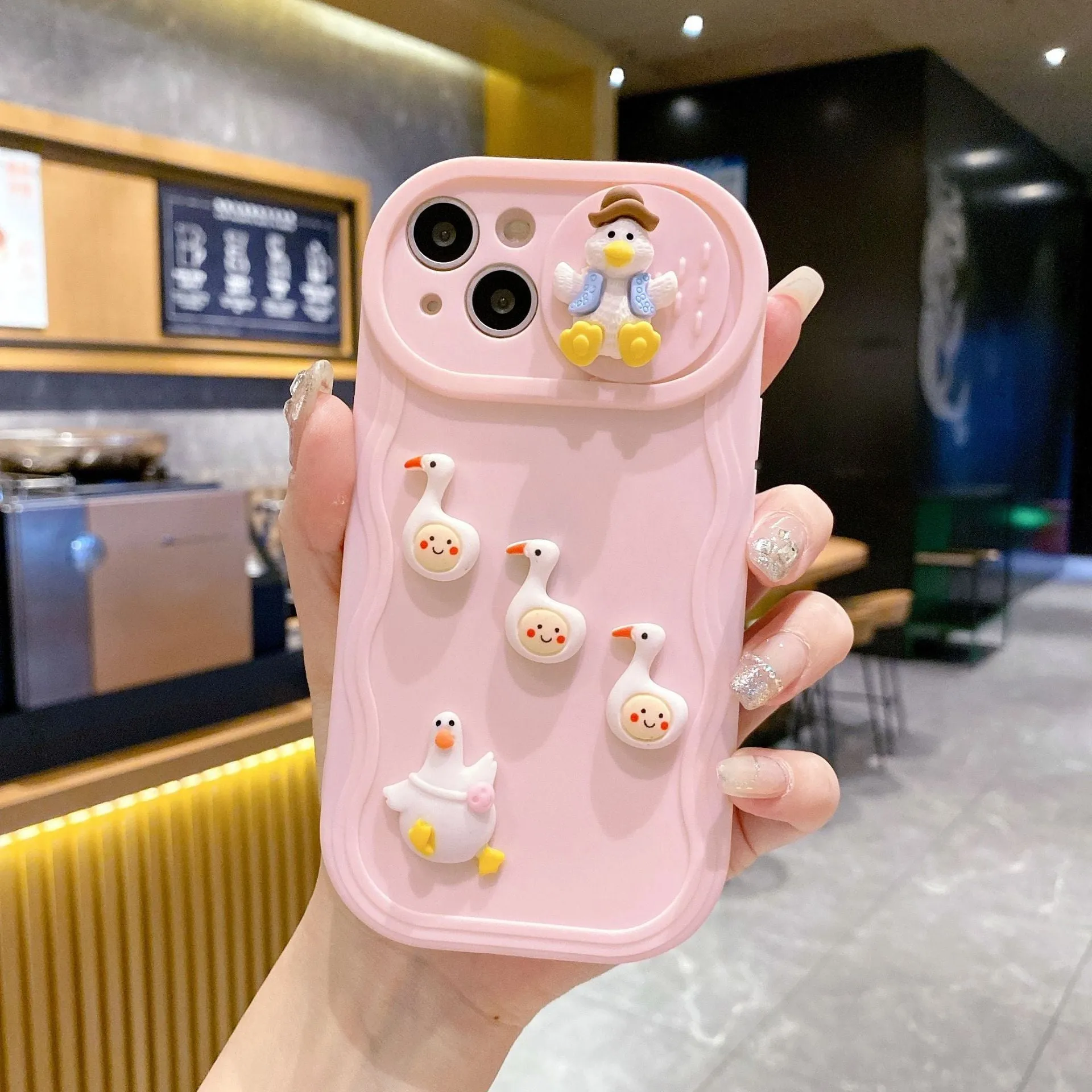 Wave sliding window cartoon three-dimensional duck soft protective cover for Apple iPhone, beige duck colour