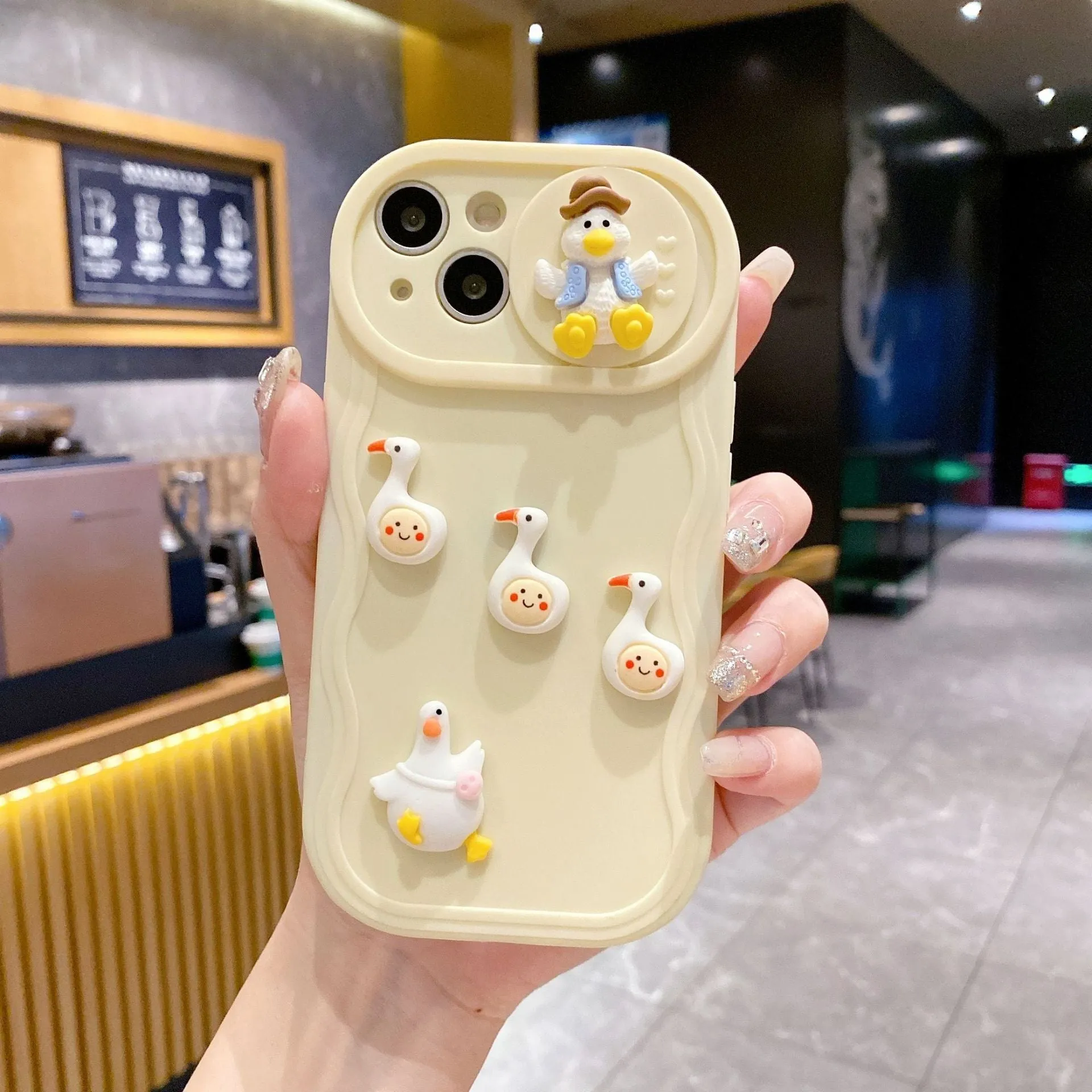 Wave sliding window cartoon three-dimensional duck soft protective cover for Apple iPhone, beige duck colour