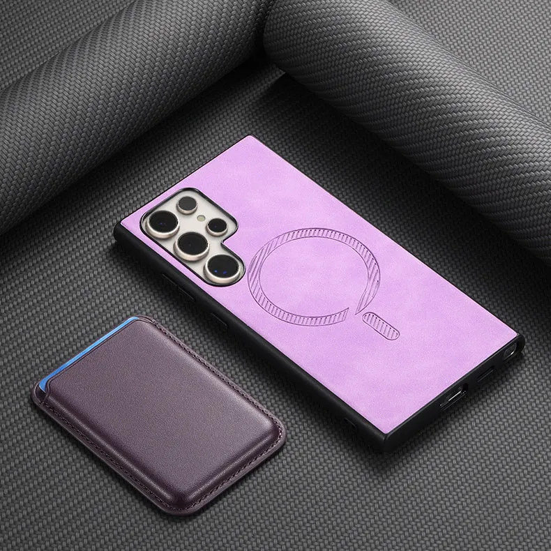 Samsung Galaxy S24 Ultra silicone anti-fall protective cover with plain leather texture in purple colour on white background