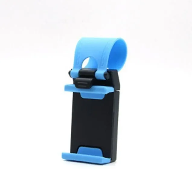 Universal black steering wheel phone holder mount clipped onto a car steering wheel.