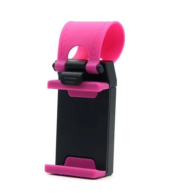 Universal black steering wheel phone holder mount clipped onto a car steering wheel.