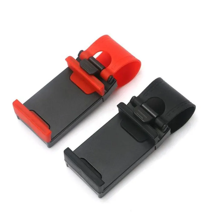 Universal black steering wheel phone holder mount clipped onto a car steering wheel.