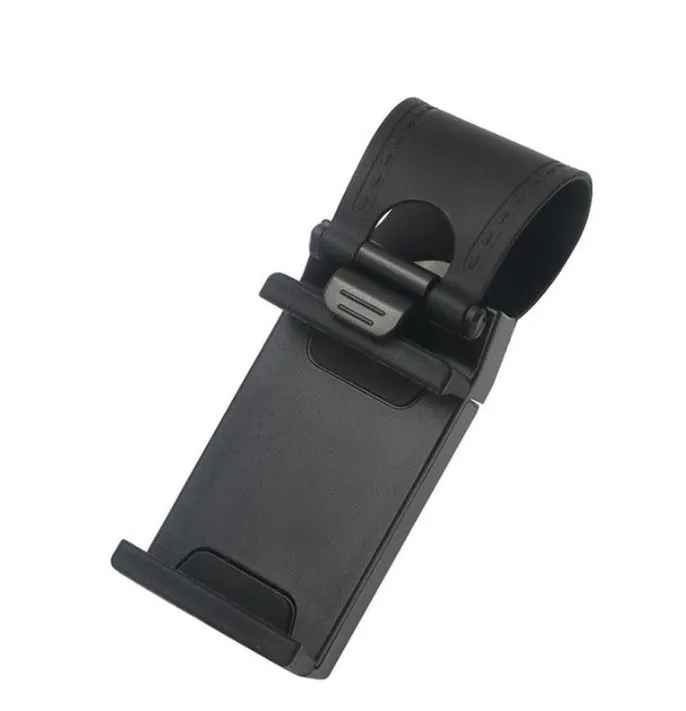 Universal black steering wheel phone holder mount clipped onto a car steering wheel.