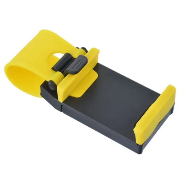 Universal black steering wheel phone holder mount clipped onto a car steering wheel.