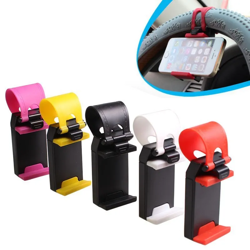 Universal black steering wheel phone holder mount clipped onto a car steering wheel.