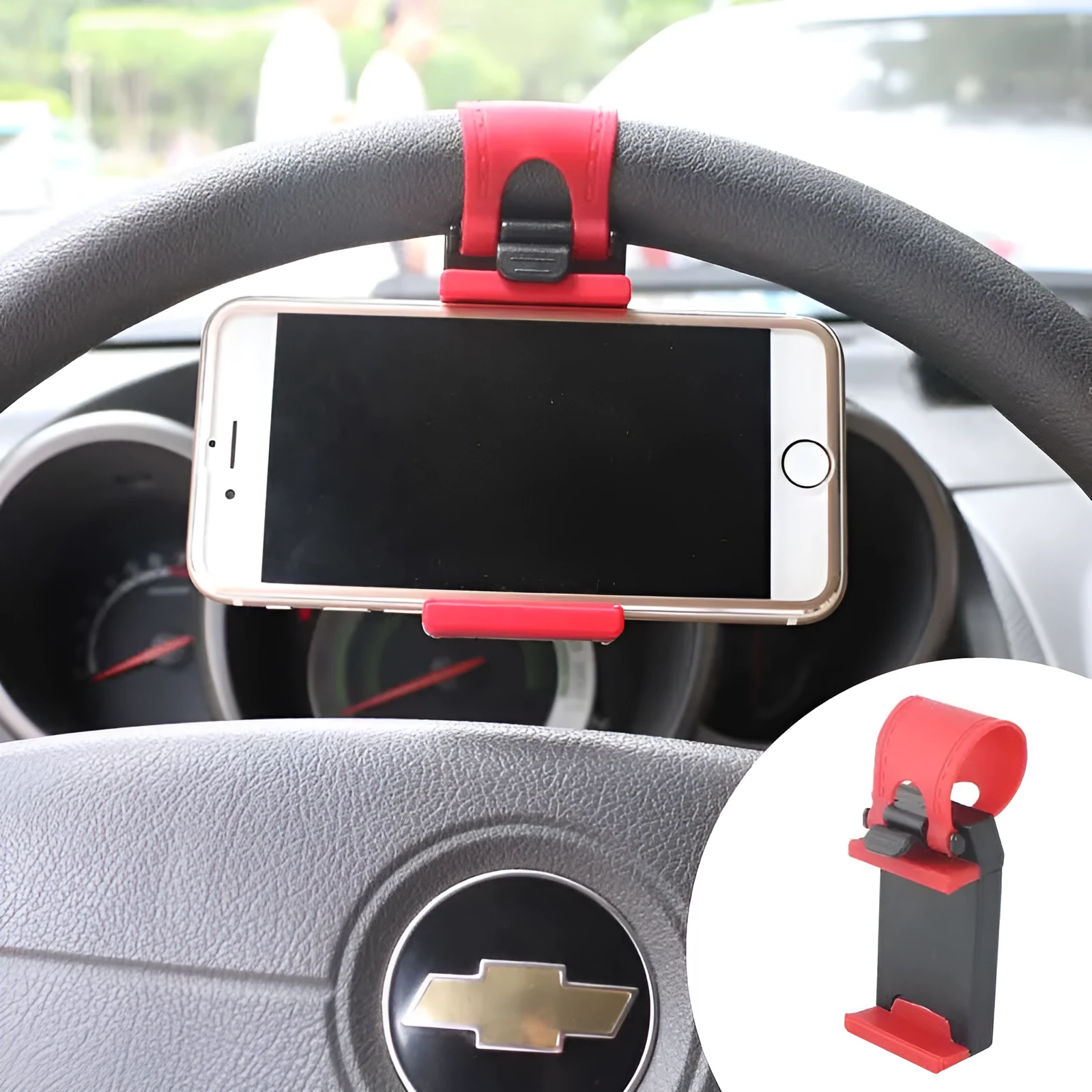 Universal black steering wheel phone holder mount clipped onto a car steering wheel.