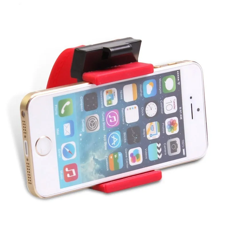 Universal black steering wheel phone holder mount clipped onto a car steering wheel.
