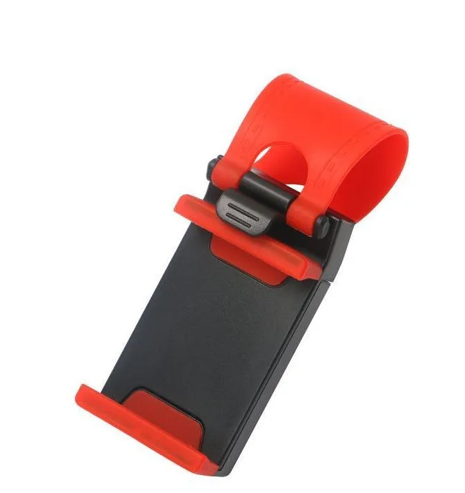Universal black steering wheel phone holder mount clipped onto a car steering wheel.