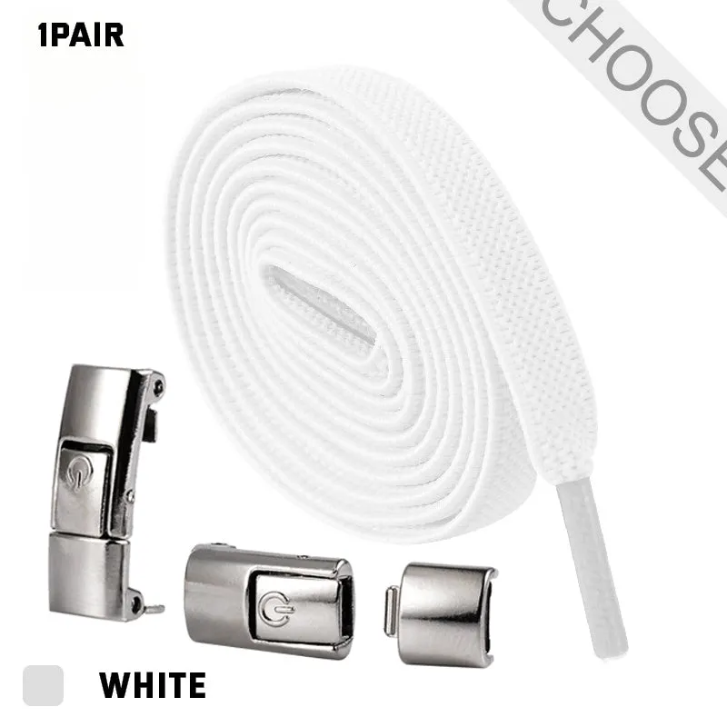 8mm wide press lock elastic shoelaces in various colours with a curved fit design.