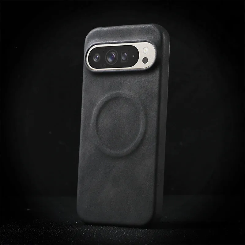 Magnetic lambskin phone case for Google Pixel, anti-fall back cover in black with soft skin feeling finish