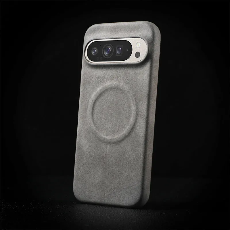 Magnetic lambskin phone case for Google Pixel, anti-fall back cover in black with soft skin feeling finish