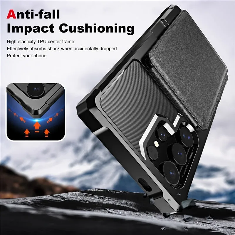 Samsung black PU TPU phone case with card slot and bracket on full cover drop-resistant design