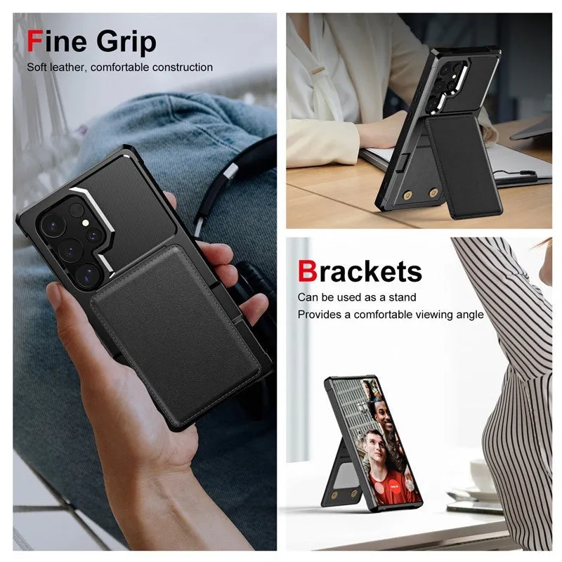 Samsung black PU TPU phone case with card slot and bracket on full cover drop-resistant design