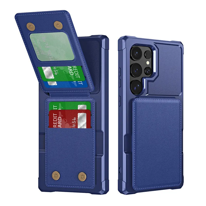 Samsung black PU TPU phone case with card slot and bracket on full cover drop-resistant design