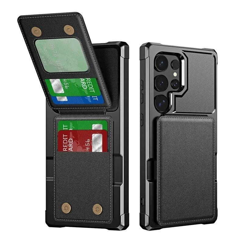 Samsung black PU TPU phone case with card slot and bracket on full cover drop-resistant design