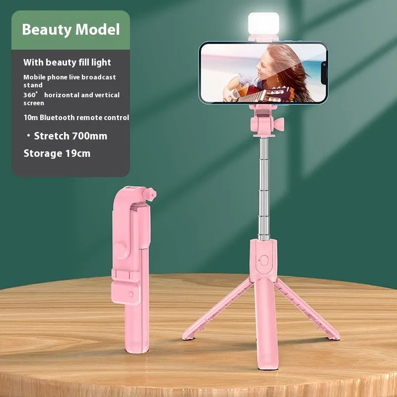Mobile phone Bluetooth selfie stick tripod with self timer extended to 70cm on a white background in black colour