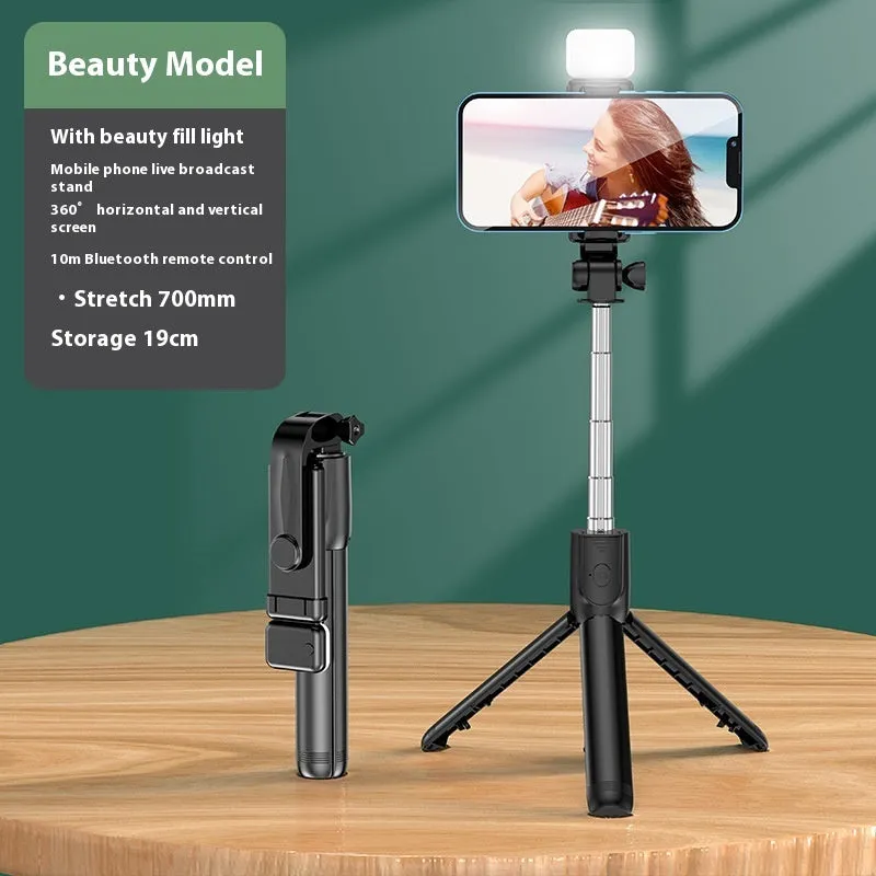 Mobile phone Bluetooth selfie stick tripod with self timer extended to 70cm on a white background in black colour
