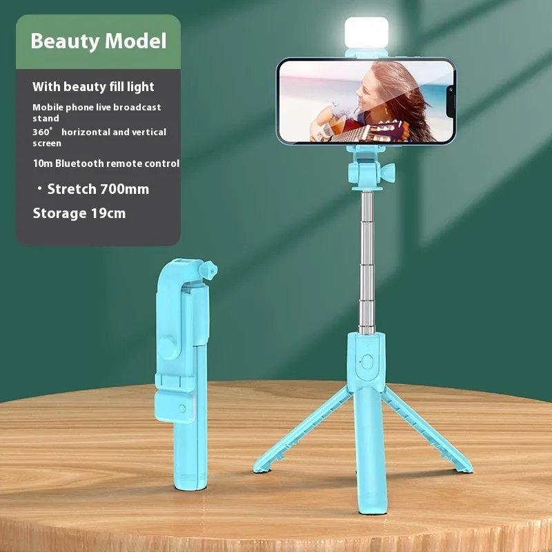 Mobile phone Bluetooth selfie stick tripod with self timer extended to 70cm on a white background in black colour