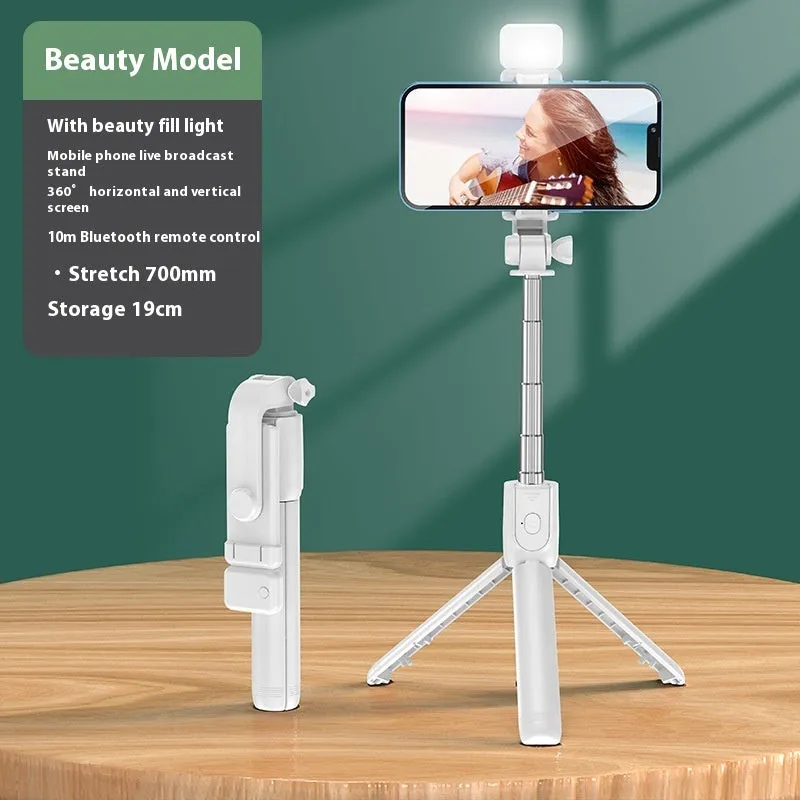 Mobile phone Bluetooth selfie stick tripod with self timer extended to 70cm on a white background in black colour