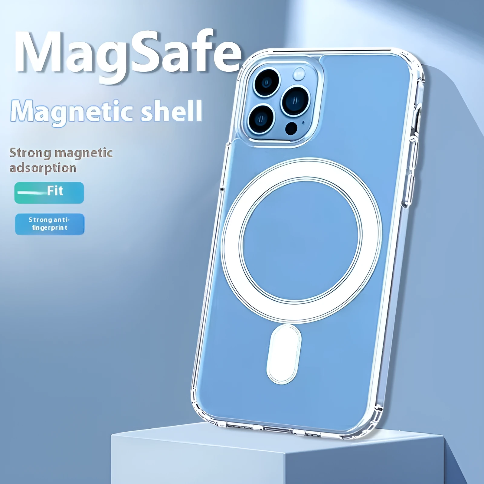 Magnetic transparent PC phone case with airbag edges for iPhone 15 Pro Max, clear finish.