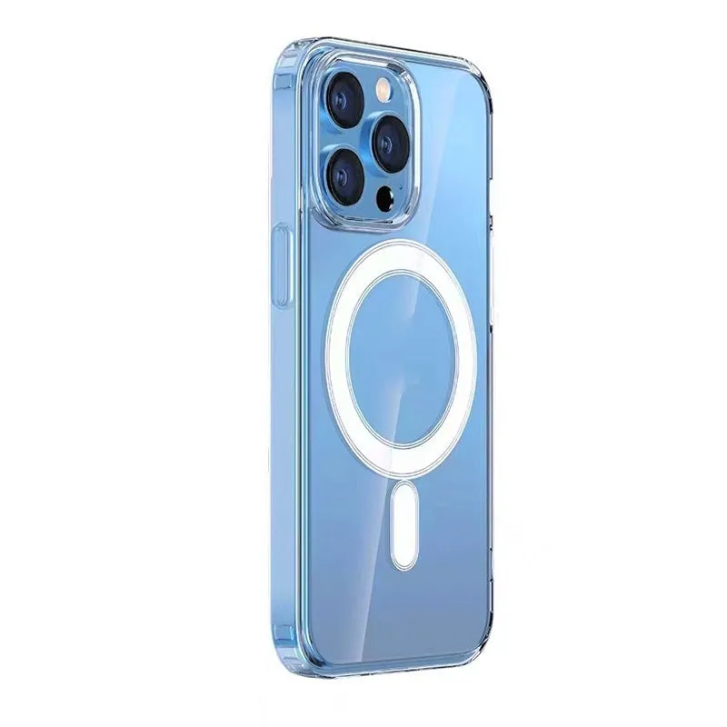 Magnetic transparent PC phone case with airbag edges for iPhone 15 Pro Max, clear finish.