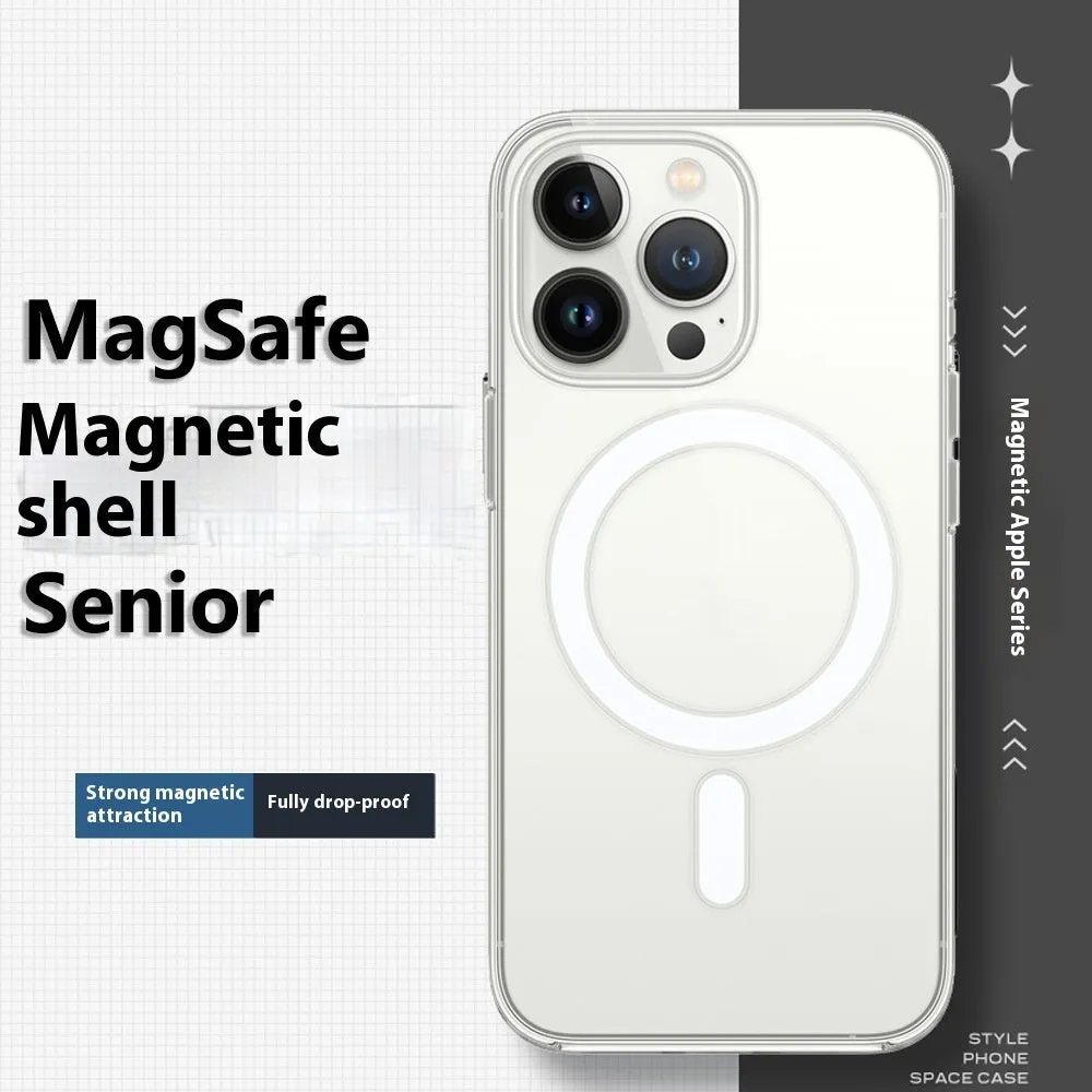 Magnetic transparent PC phone case with airbag edges for iPhone 15 Pro Max, clear finish.