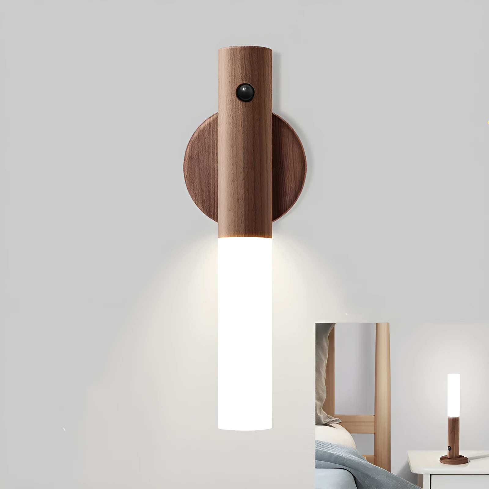 Smart sensor LED desk lamp in solid wood and acrylic, showing compact design beside a charging cable.