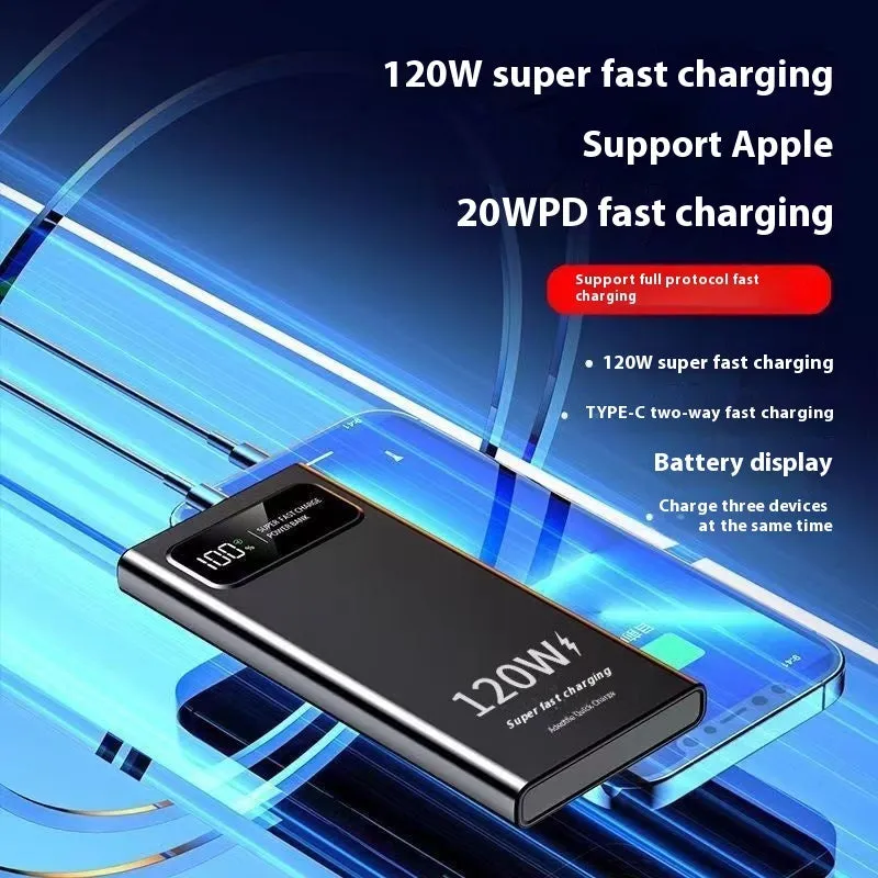 120W 20000 MA power bank in cool black with fast charge capability, compact size 141x66x16mm