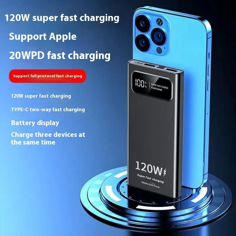 120W 20000 MA power bank in cool black with fast charge capability, compact size 141x66x16mm