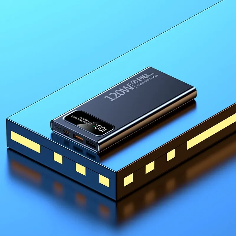 120W 20000 MA power bank in cool black with fast charge capability, compact size 141x66x16mm