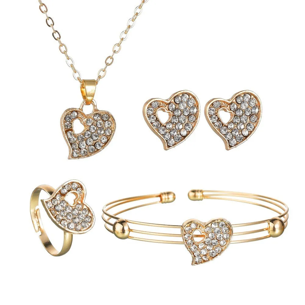 Gold tone alloy jewellery set with earrings, pendant and bracelet featuring love, water drop or bell patterns