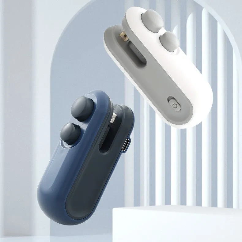 Blue and white handheld USB rechargeable heat sealer for sealing chip bags and food storage