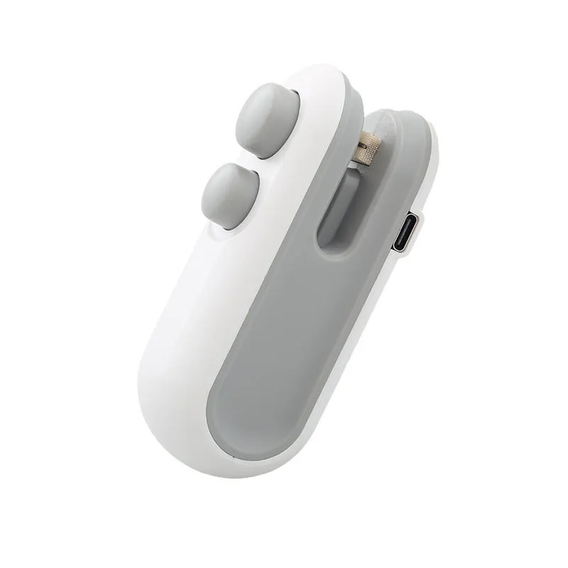Blue and white handheld USB rechargeable heat sealer for sealing chip bags and food storage