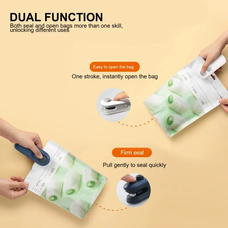 Blue and white handheld USB rechargeable heat sealer for sealing chip bags and food storage