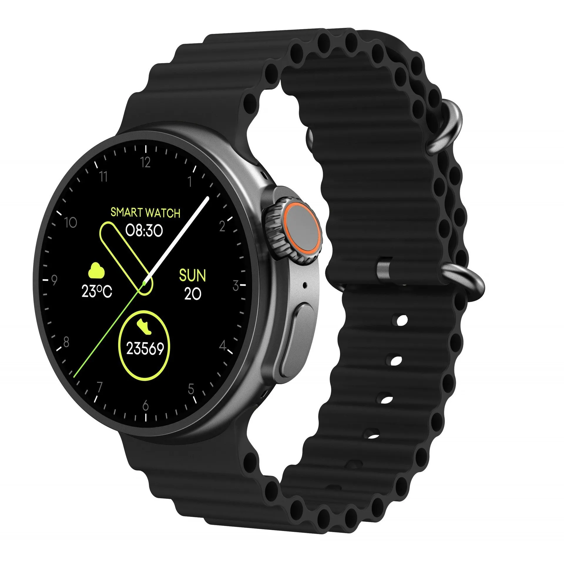 K9 smart watch with round screen showing health metrics, zinc alloy case, silicone strap in multiple colours
