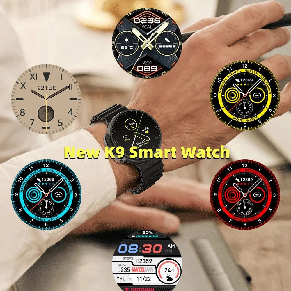 K9 smart watch with round screen showing health metrics, zinc alloy case, silicone strap in multiple colours